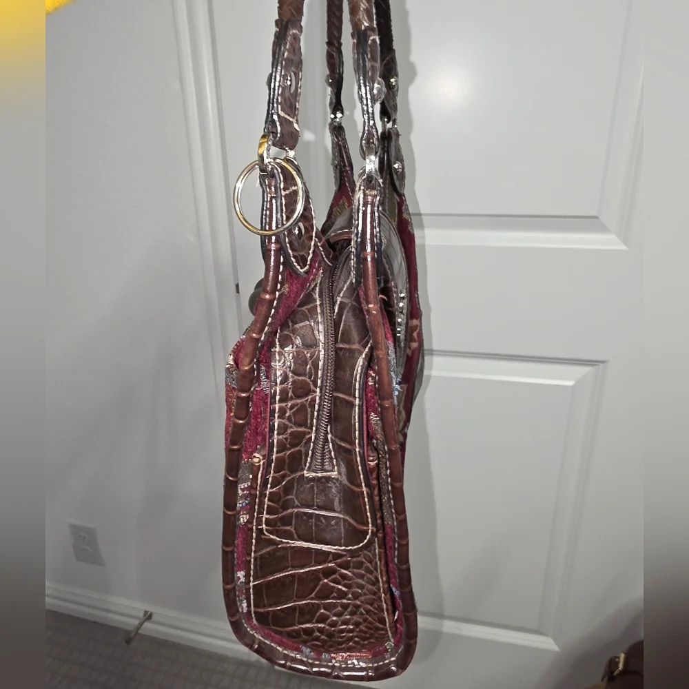Burgundy Floral Tapestry Purse With Brown Faux Leather - Picture 3 of 11